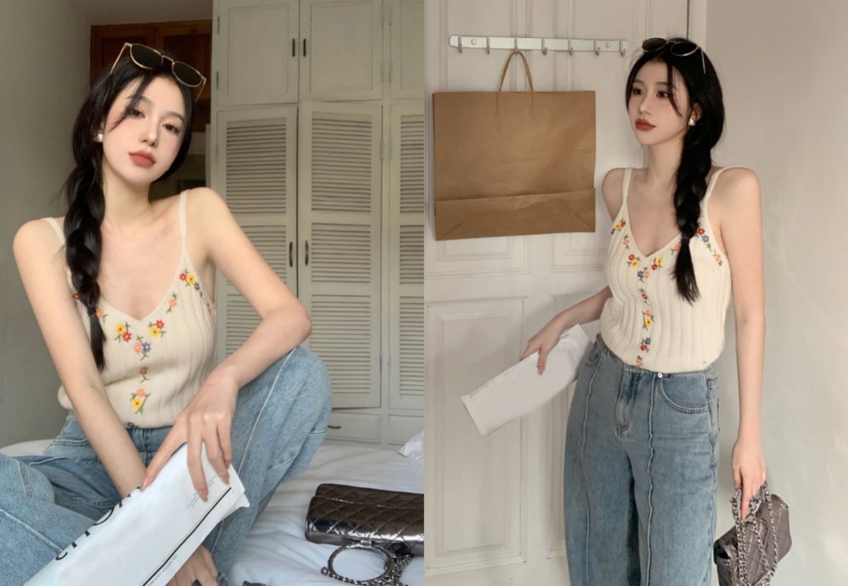 1、Honeyspot Floral Embroidery Cami Knit Top