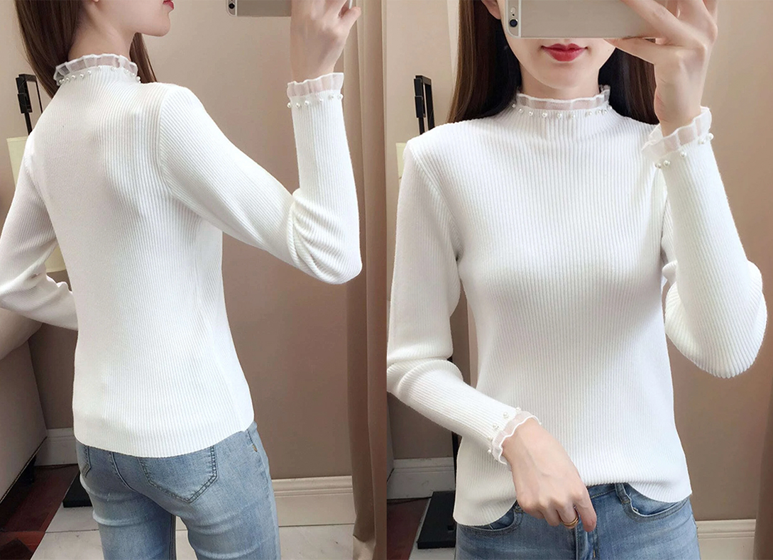 4、Honeyspot Solid Mock Neck Pearl Detail Ribbed Knit Sweater