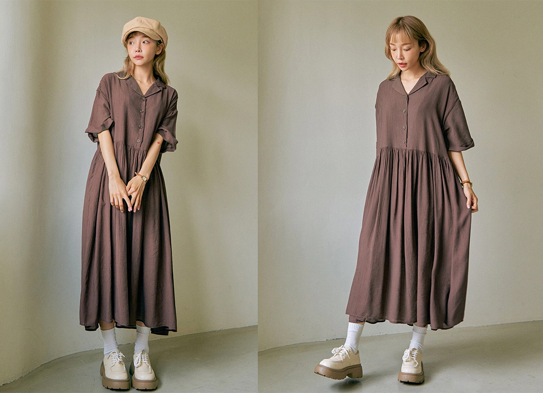3、DAZY Button Front Roll Up Sleeve Smock Dress