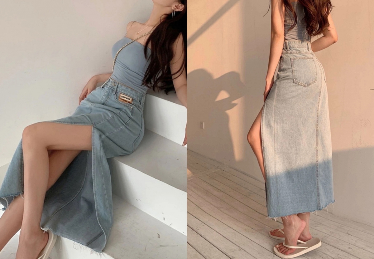 5、Honeyspot Patched High Slit Raw Hem Denim Skirt