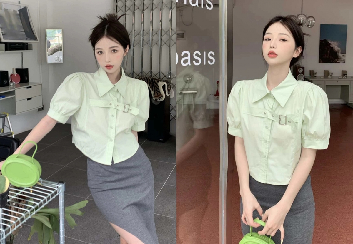 4、Honeyspot Solid Buckle Detail Puff Sleeve Crop Shirt