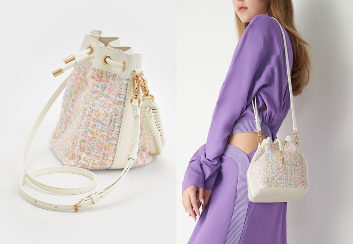 3、Woven Handle Tweed Bucket Bag