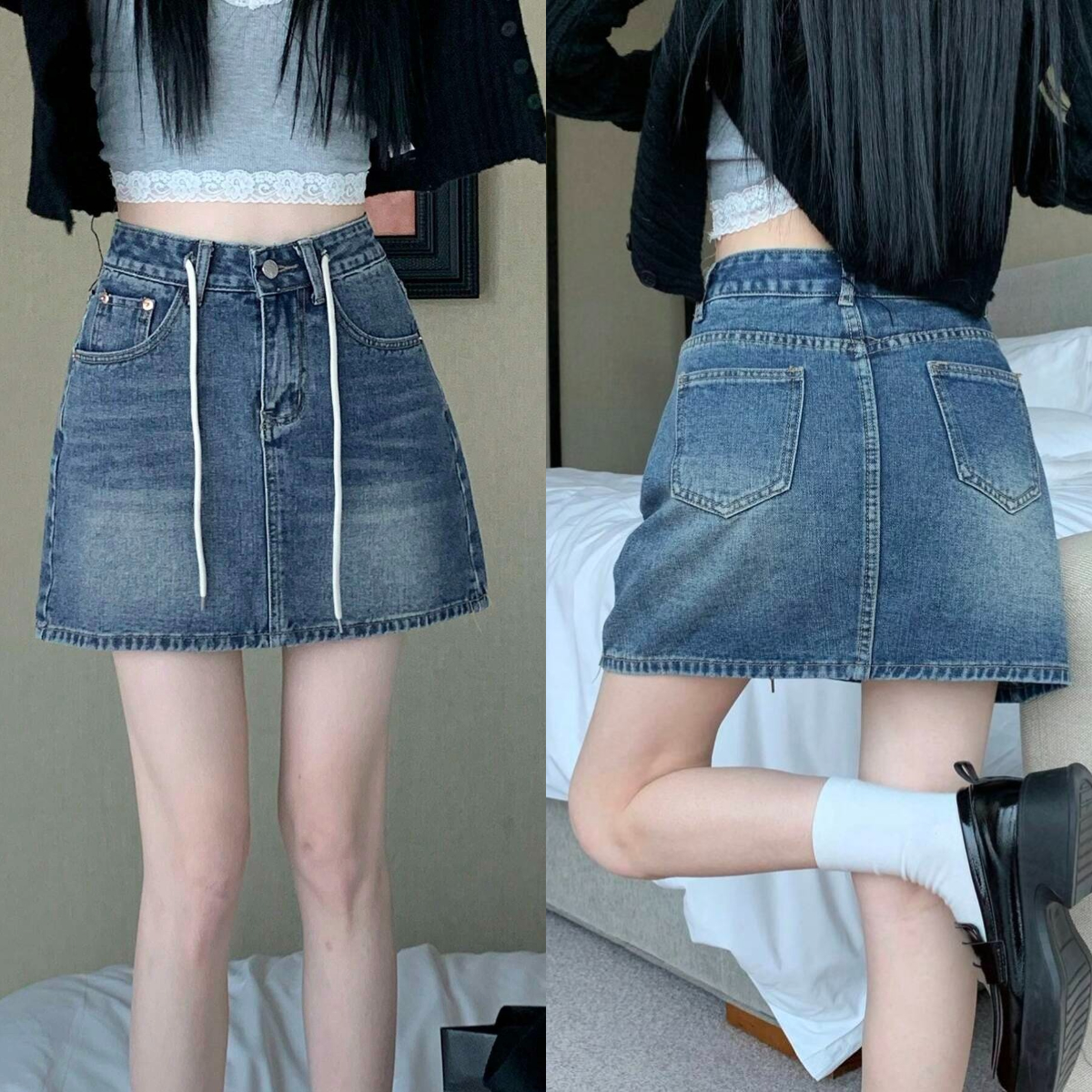 6、Honeyspot Washed Drawstring Waist Denim Skirt