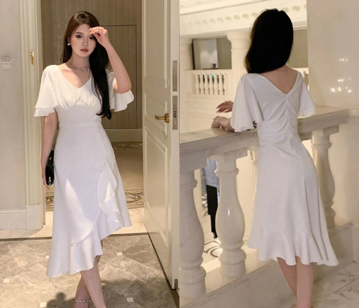 3、DAZY Solid Ruffle Trim Ruched Bust Dress