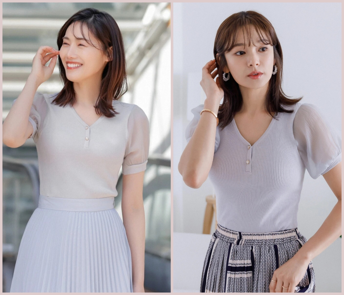 8、DAZY Contrast Mesh Puff Sleeve Knit Top