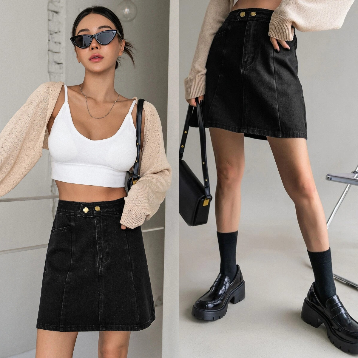 3、DAZY High Waist Button Front A-Line Denim Skirt