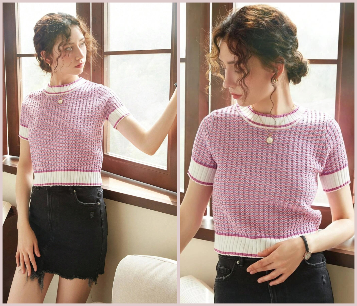 7、Knit Mix Striped Pattern Knit Top