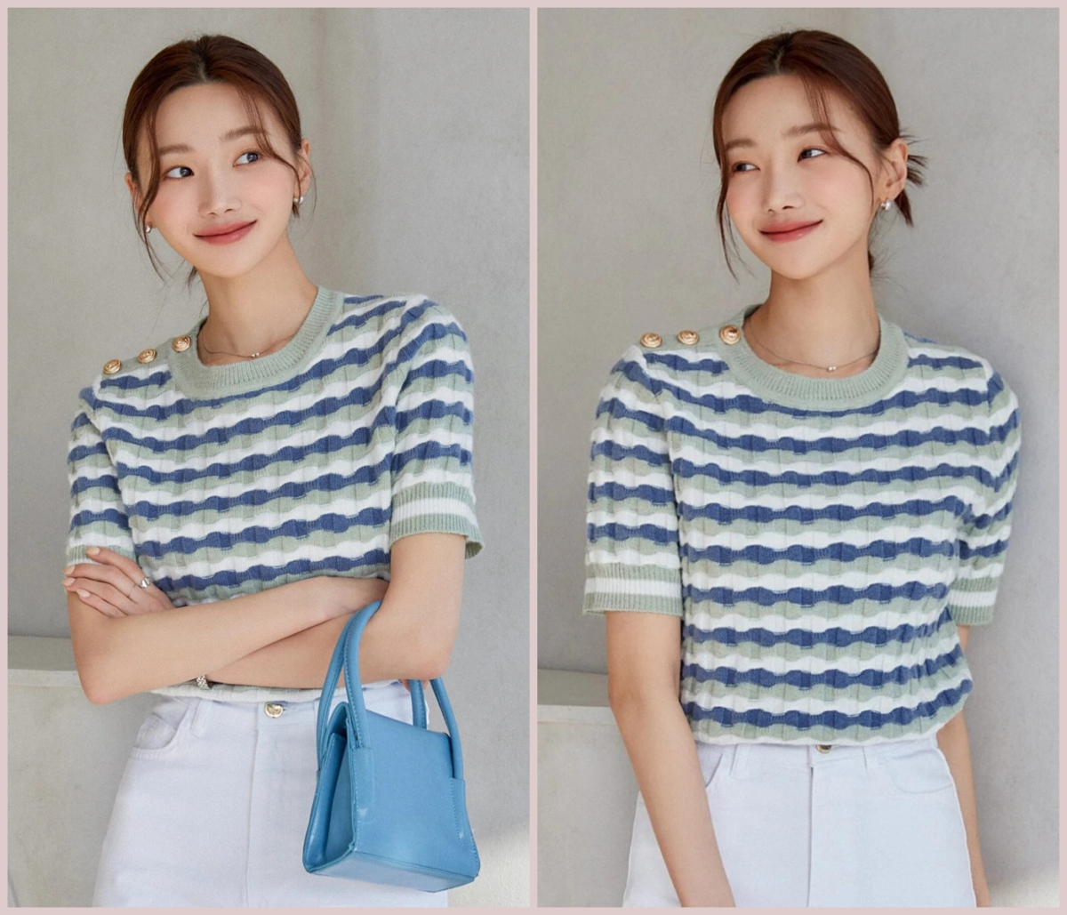 3、DAZY Striped Pattern Button Detail Knit Top