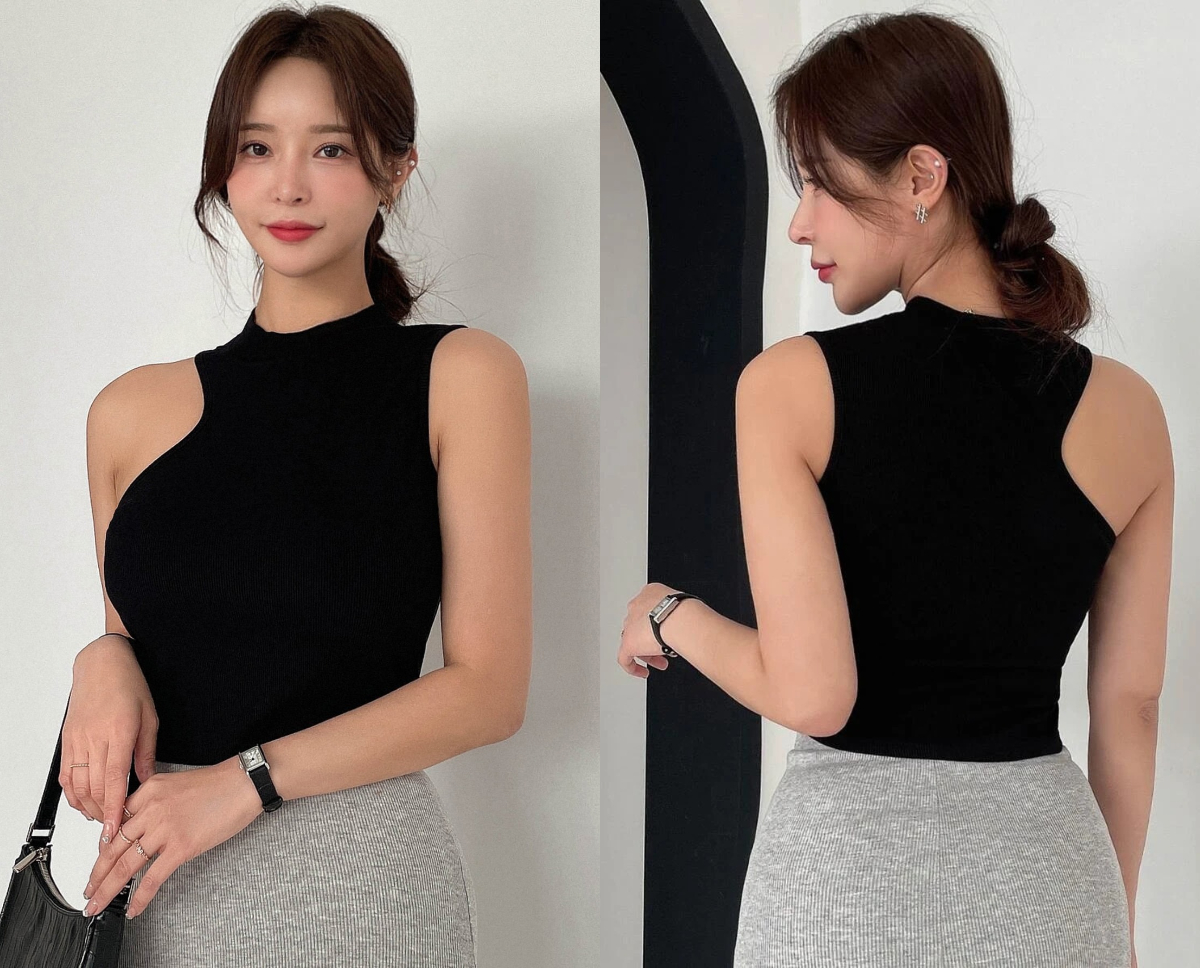 4、DAZY Asymmetrical Neck Ribbed Knit Tank Top