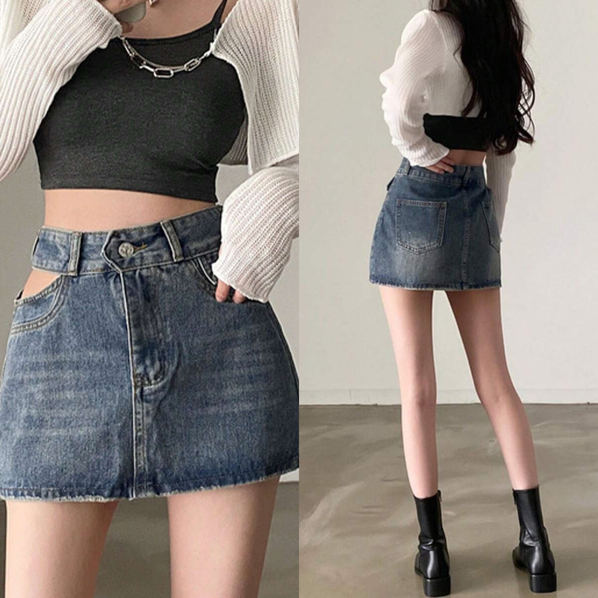 7、Honeyspot Cut Out Waist Raw Hem Denim Skirt