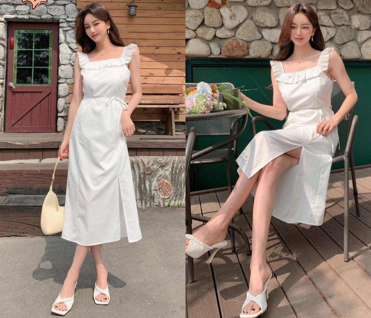 6、DAZY Solid Ruffle Trim Split Hem Dress
