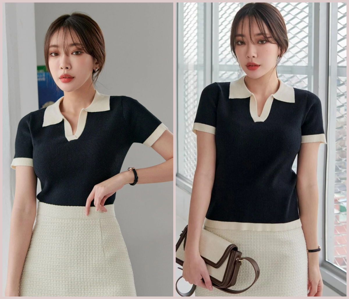 5、DAZY Contrast Trim Polo Neck Rib Knit Top