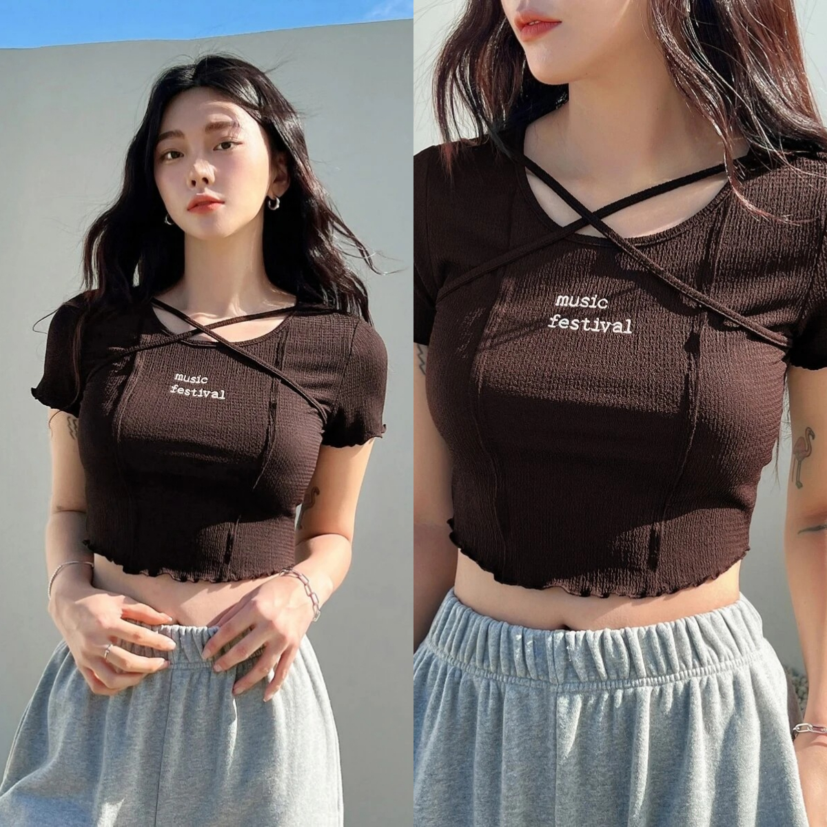 8、DAZY Letter Embroidery Criss Cross Crop Tee