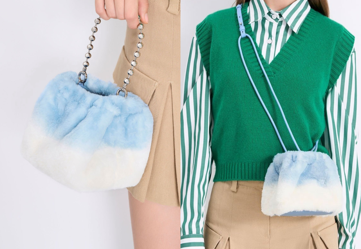 7、Aldora Beaded Handle Furry Bucket Bag