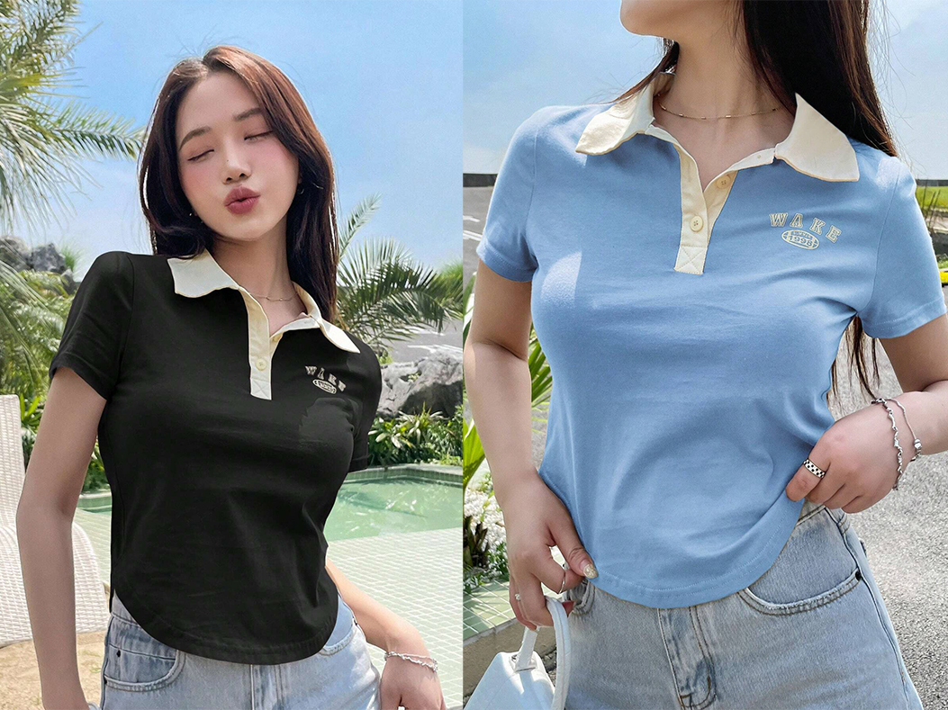 2、DAZY Letter Graphic Contrast Collar Tee