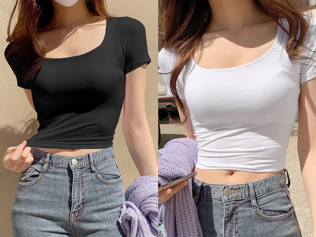 3、DAZY Solid Scoop Neck Crop Tee