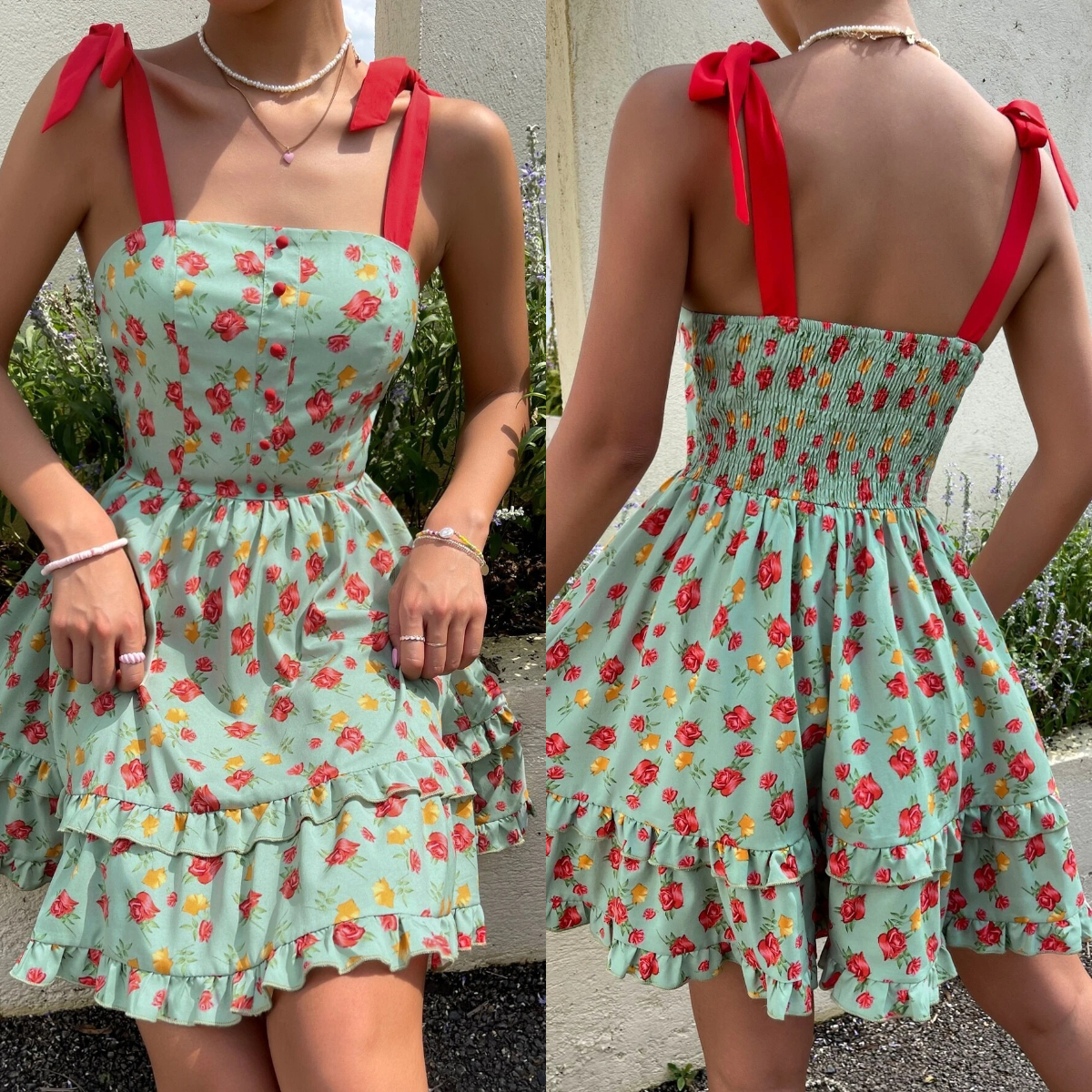 7、SHEIN VCAY Floral Print Tie Shoulder Two Layer Hem Dress