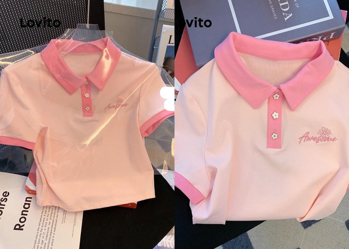 6、Cute Plain Colorblock Button Embroidery Crop Top