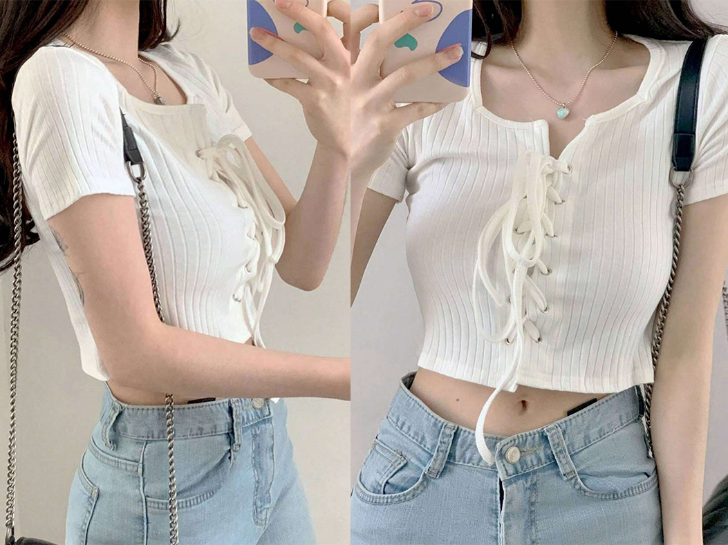4、Honeyspot Solid Lace Up Front Crop Tee
