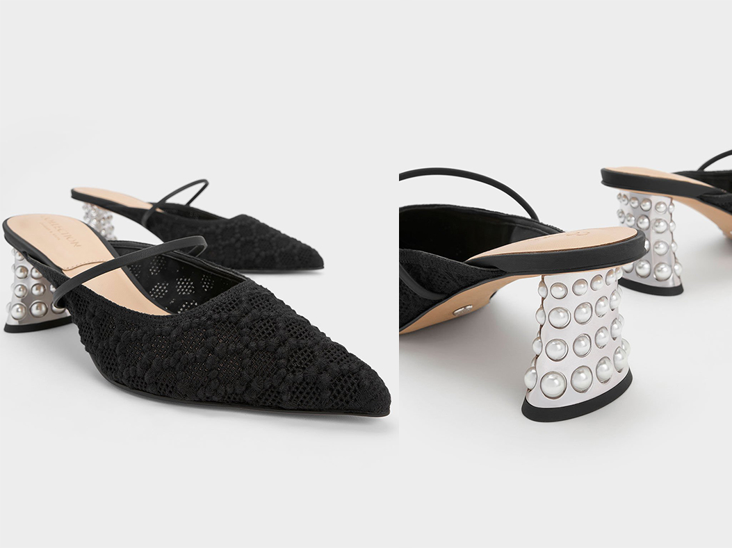 3、Crochet & Leather Beaded Heel Mules - Black