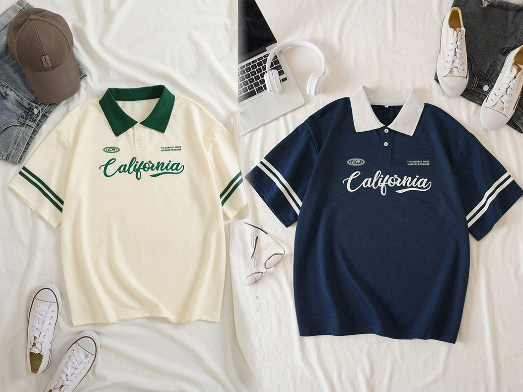 5、SHEIN EZwear Letter Graphic Contrast Collar Polo Shirt