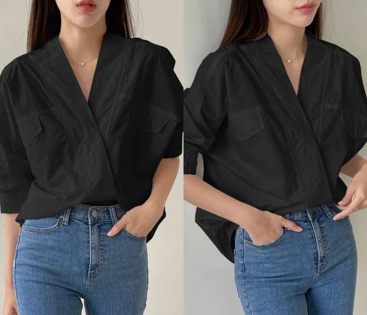2、Dazy-Less Solid Flap Detail Surplice Neck Blouse
