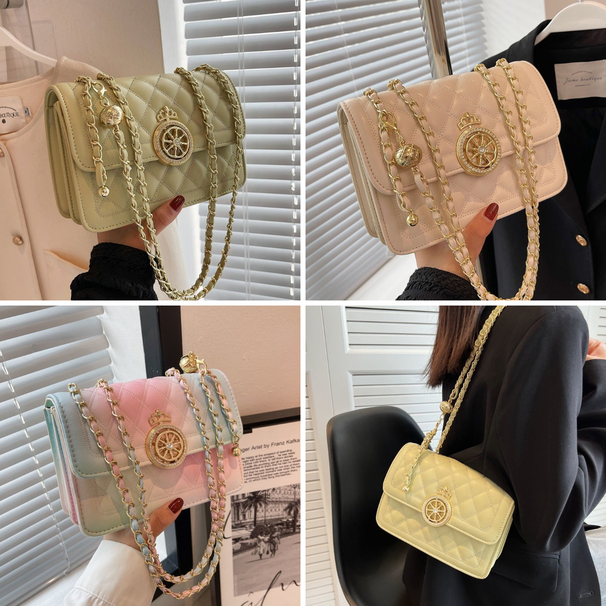 1、公主风菱格纹斜挎小方包