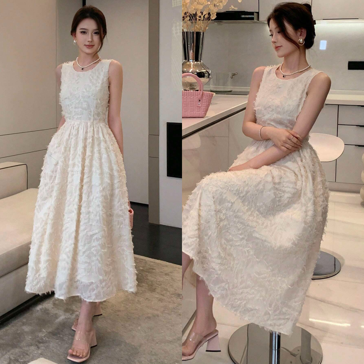 5、DAZY Solid Fuzzy A-line Organza Dress