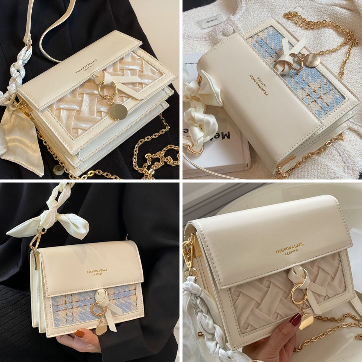 7、甜美少女风丝巾编织链条包