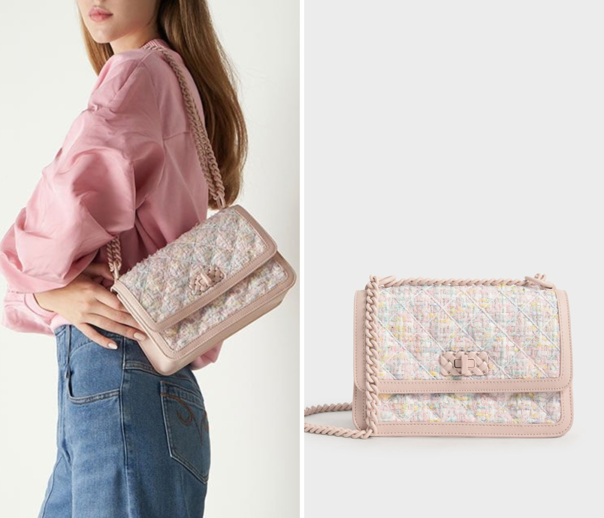 4、Micaela Tweed Quilted Chain Bag - Light Pink