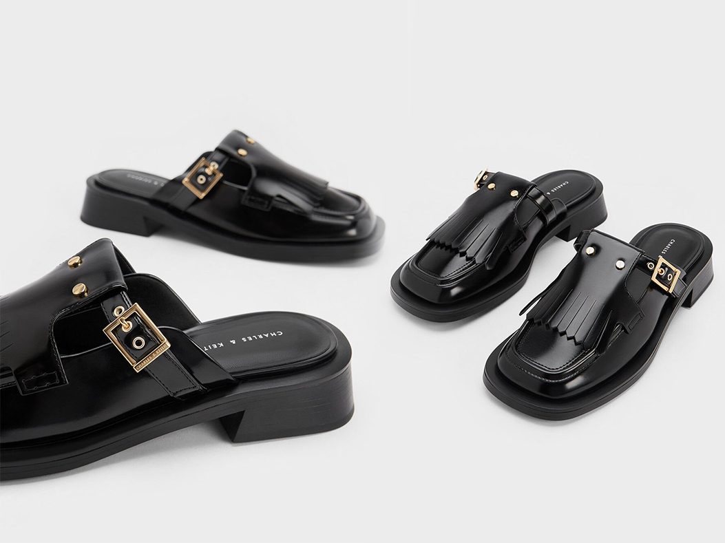 6、Studded Cut-Out Fringe Mules - Black Boxed