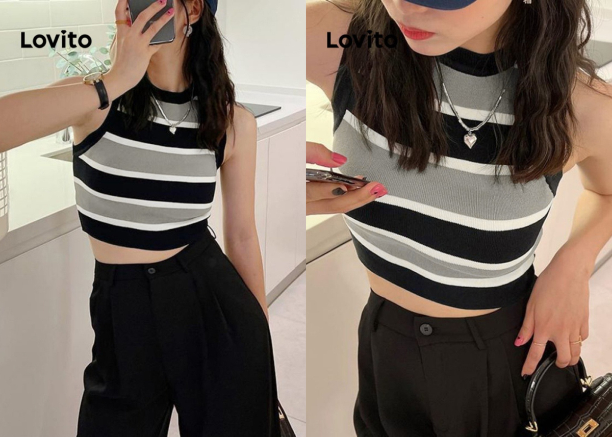 2、Striped Basic Sleeveless Tops