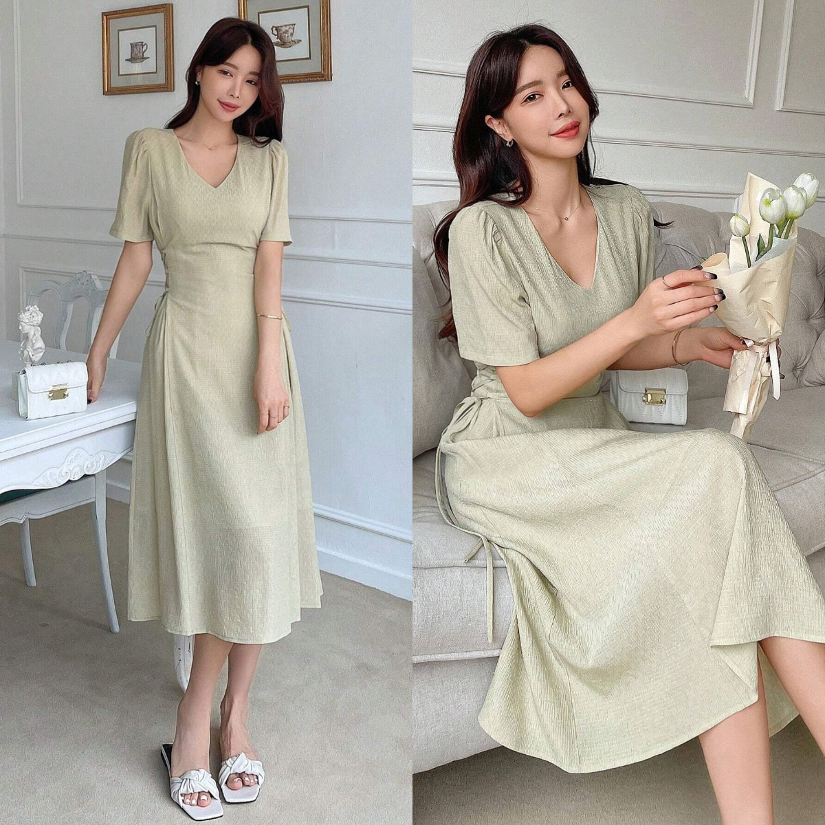 4、DAZY Solid Puff Sleeve Lace Up Side Dress
