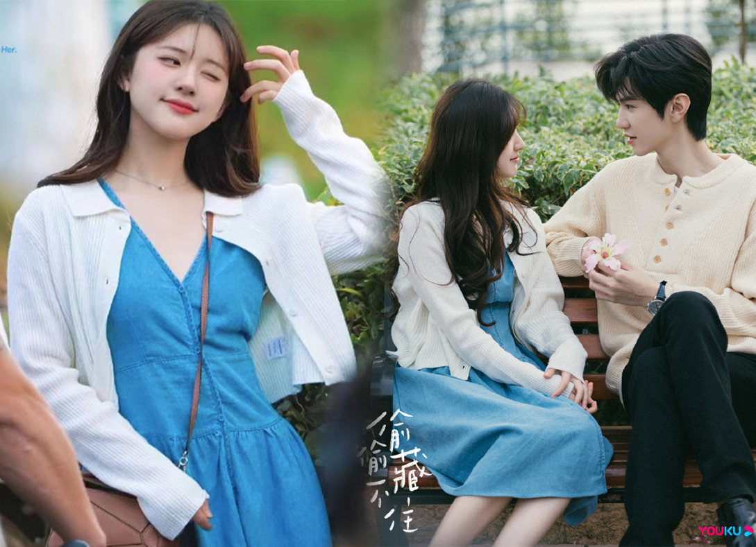 4、桑稚同款「蓝色背心连衣裙」+「白色针织开衫外套」