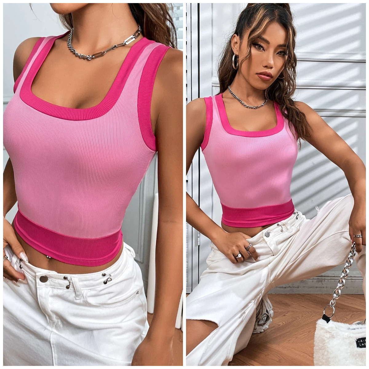 6、SHEIN Qutie Colorblock Rib-knit Crop Tank Top