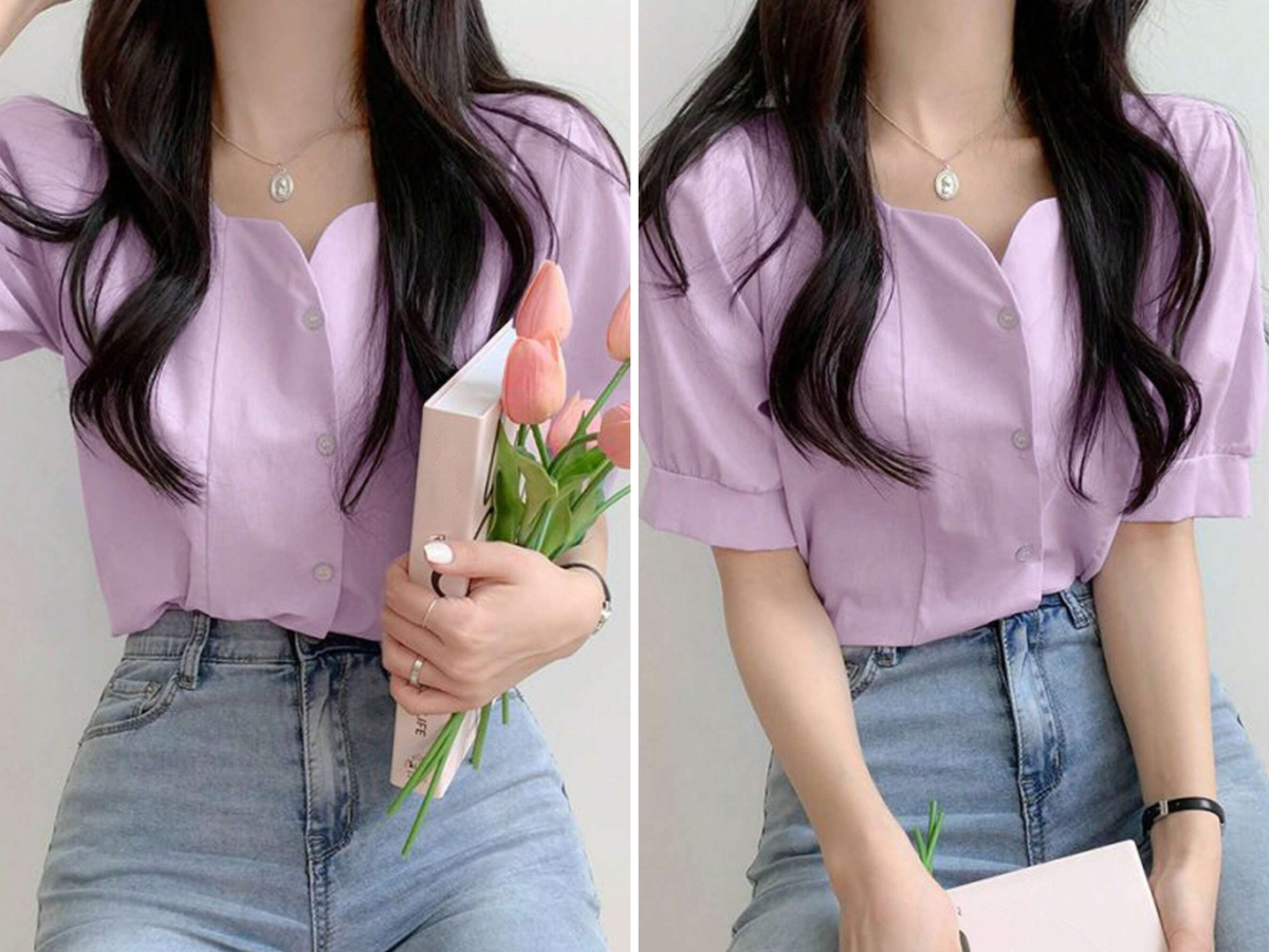 4、Honeyspot Solid Button Front Puff Sleeve Blouse