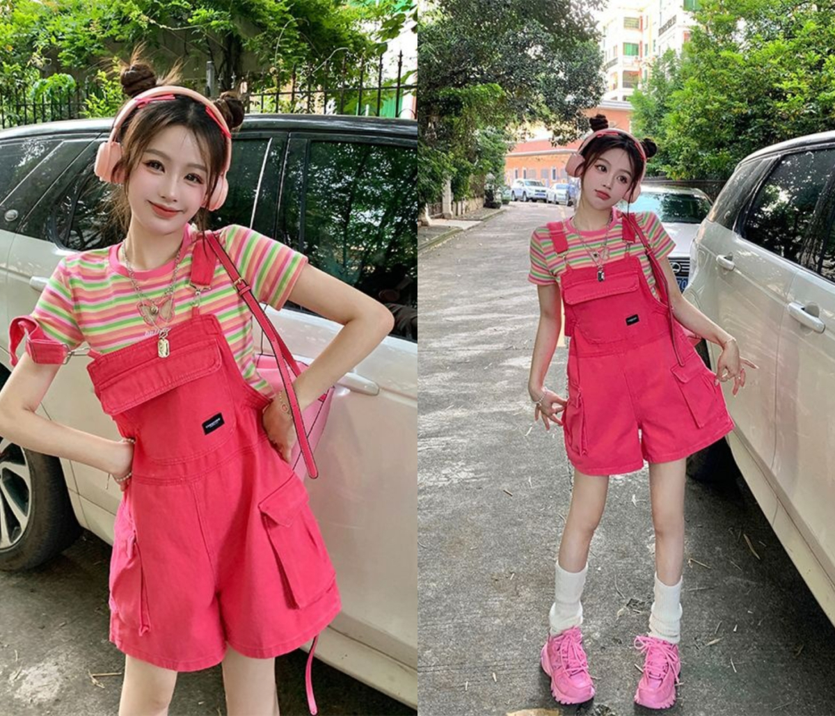 3、韩版撞色条纹短袖上衣背带裤