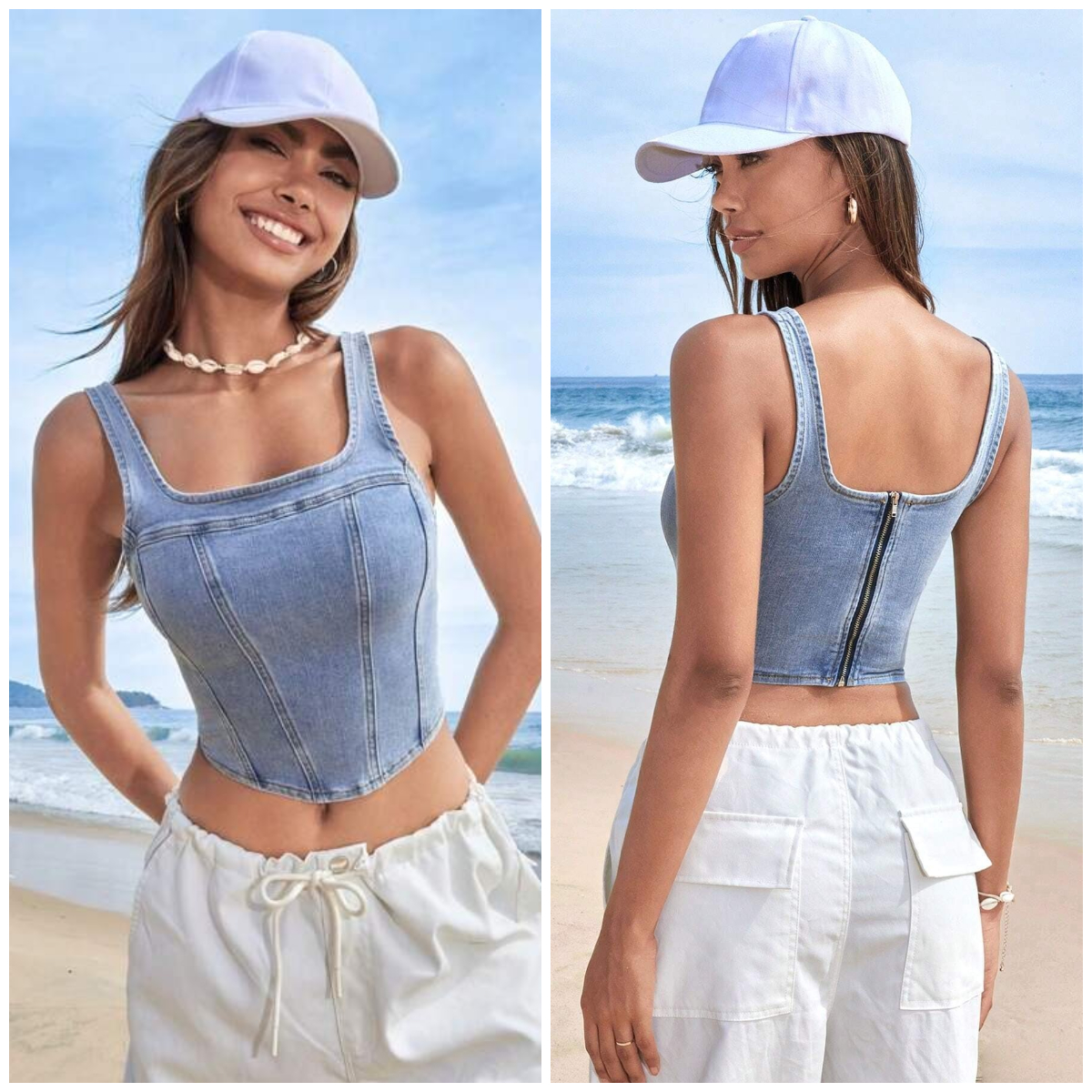2、SHEIN EZwear Square Neck Crop Denim Tank Top