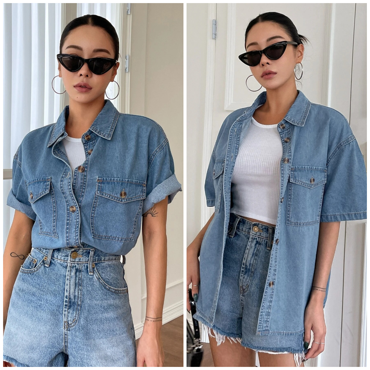 3、DAZY Flap Pocket Drop Shoulder Denim Blouse