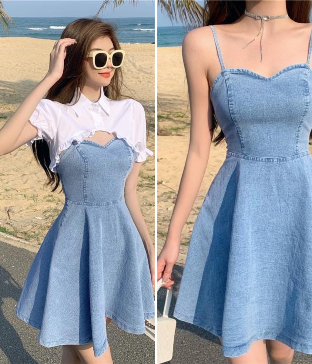 4、夏季法式甜美牛仔吊带连衣裙