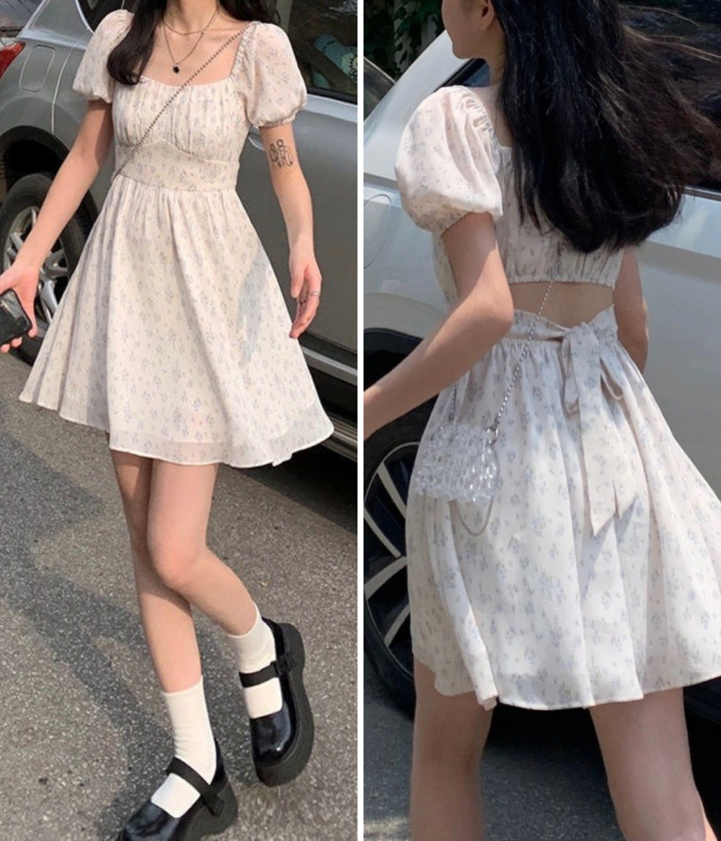 7、法式初恋甜美少女碎花泡泡袖连衣裙