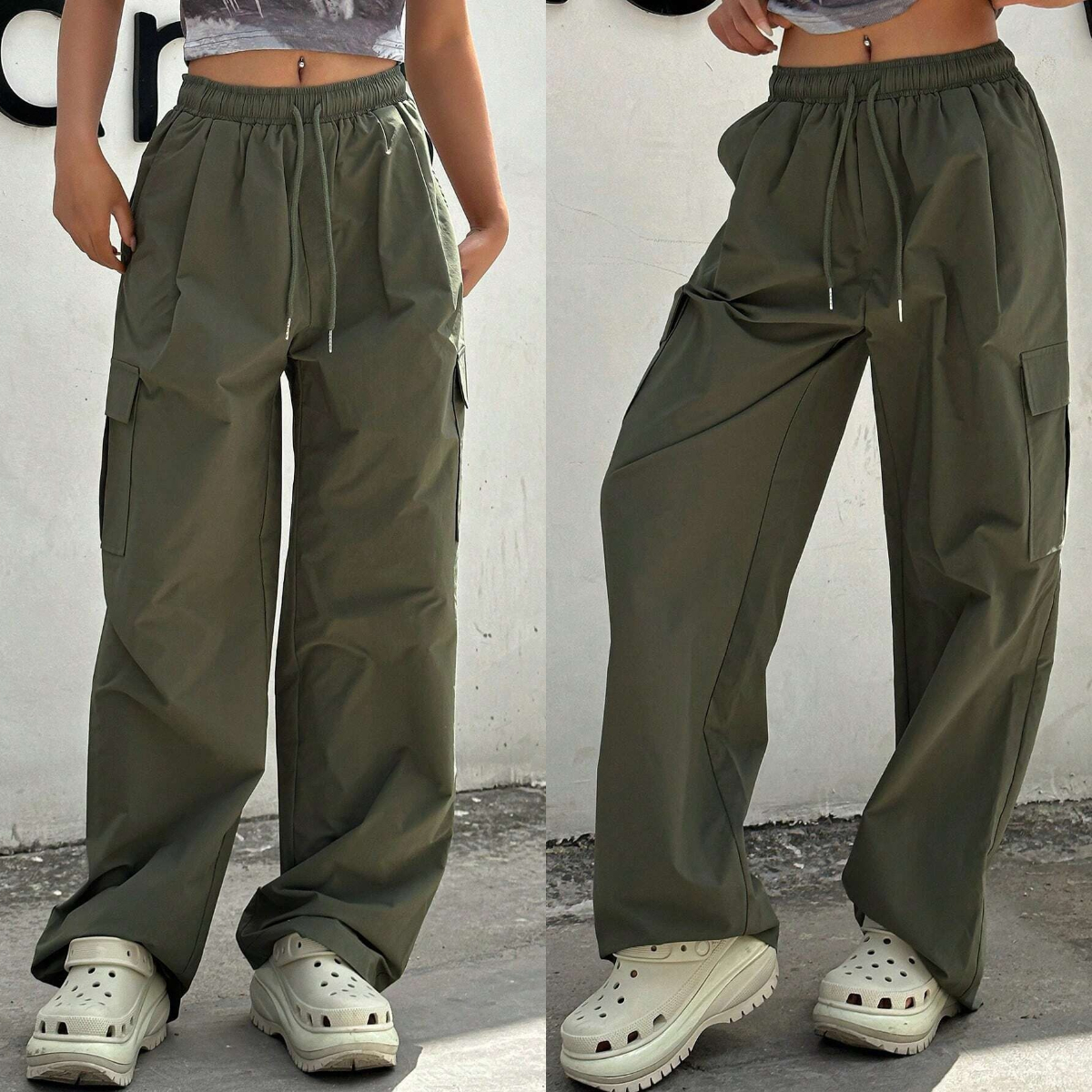 2、DAZY Solid Drawstring Waist Cargo Pants