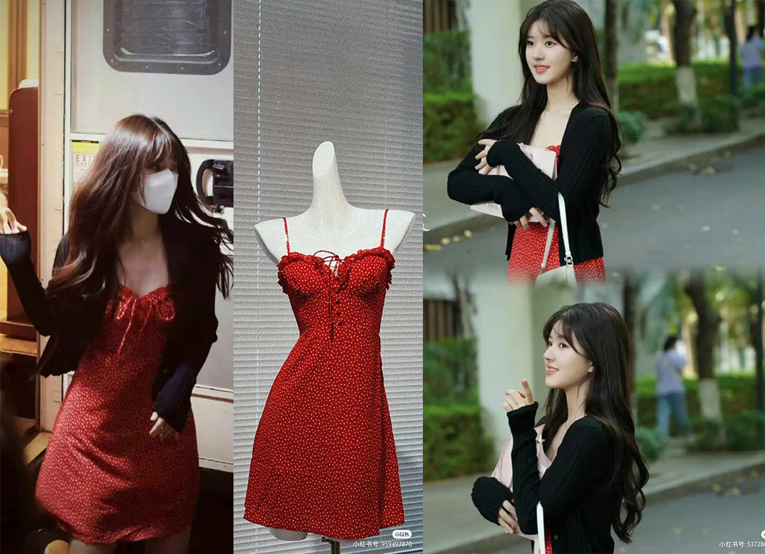 3、桑稚同款「红色波点吊带裙」+「黑色针织外套」