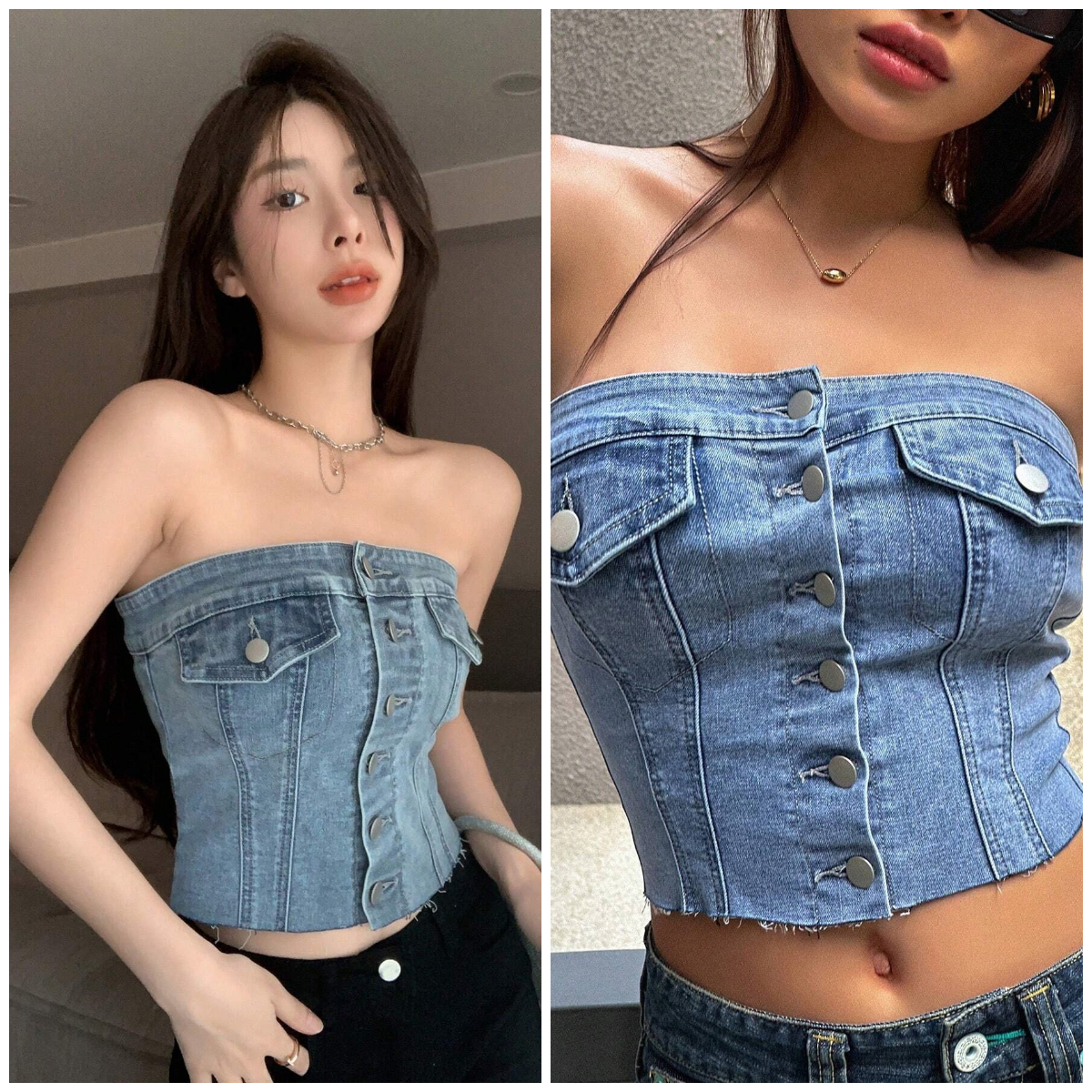 1、DAZY Solid Button Front Crop Denim Bandeau