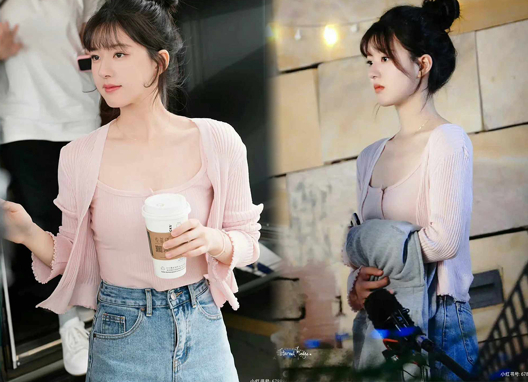 1、桑稚同款「针织粉色开衫」