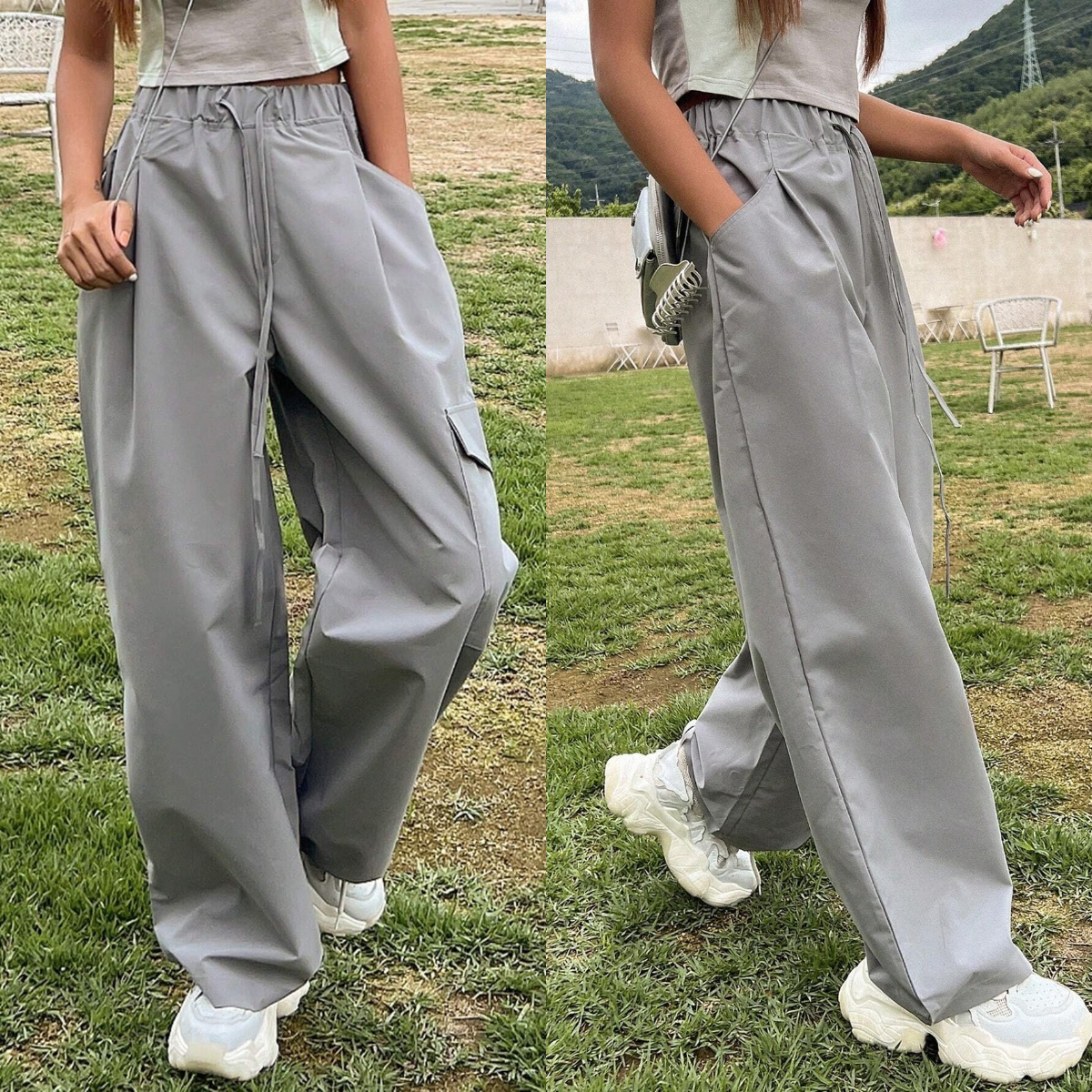 1、DAZY Solid Drawstring Waist Flap Pocket Side Cargo Pants