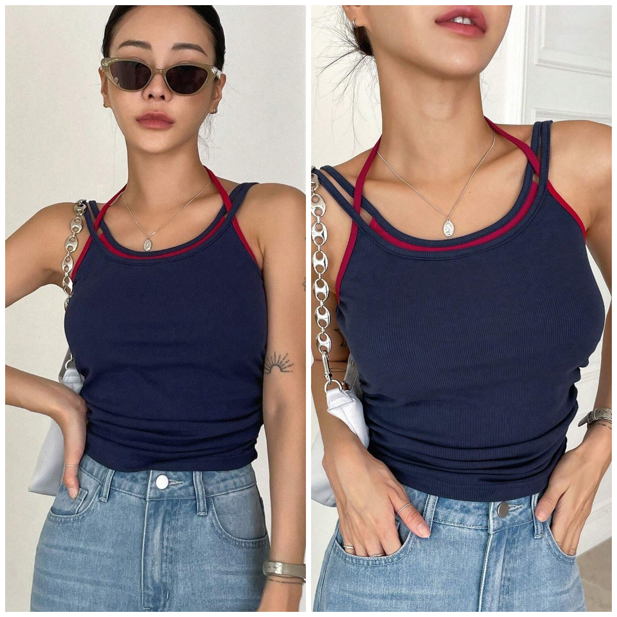 4、DAZY Contrast Binding Ruched Tank Top