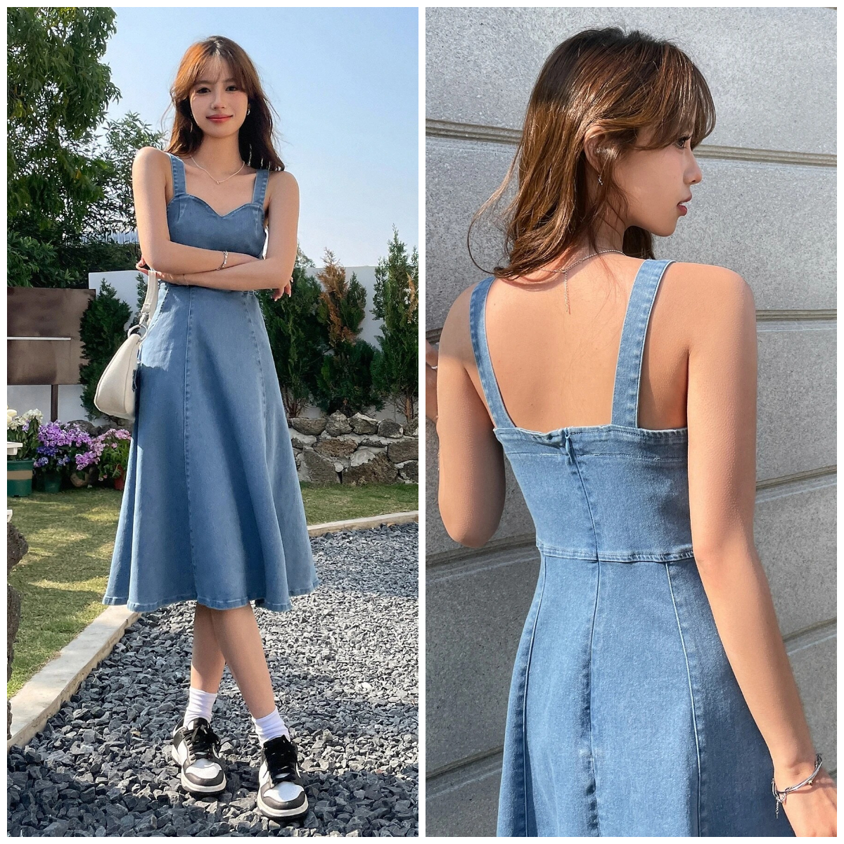 6、DAZY Solid Zip Back Cami Denim Dress