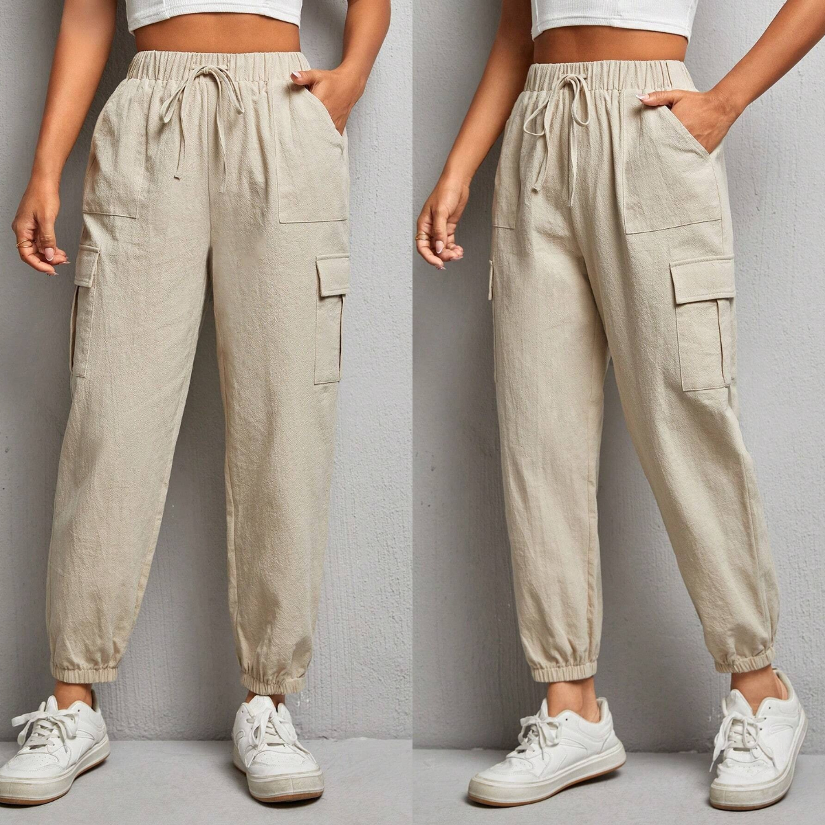 7、SHEIN PETITE Flap Pocket Side Drawstring Waist Cargo Pants