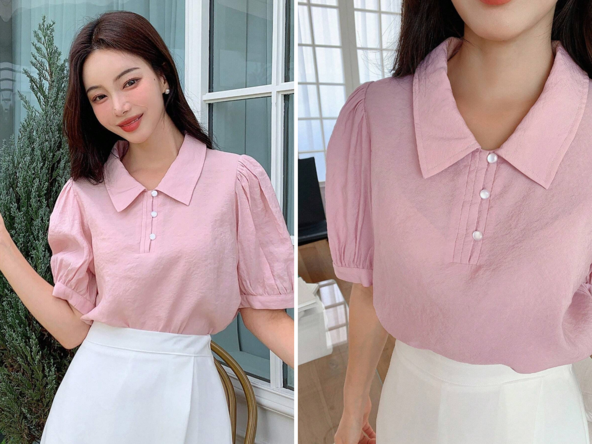 7、DAZY Solid Puff Sleeve Button Front Shirt